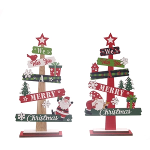 Mini wooden desktop Christmas tree ornaments in red and green for festive home decor