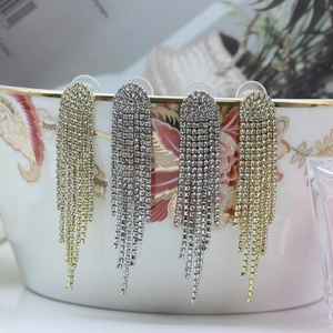 Sparkling S925 silver long fringe tassel earrings with full crystal stones in gold and silver