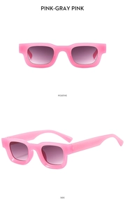 Detailed front and side view of pink rectangle sunglasses with pink-gray gradient lenses