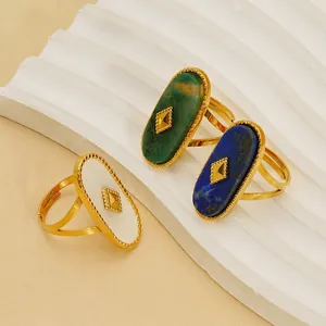 Retro French Palace Style Ring Women Stainless Steel Gold Plated Oval Turquoise Shell Adjustable Open Finger Jewelry Vintage