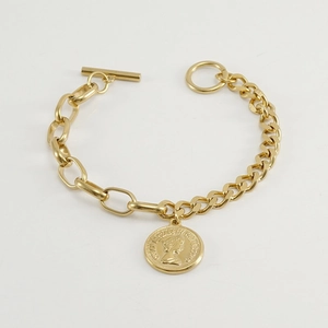 Bracciale Pendente Moneta Queen Elizabeth Acciaio Inossidabile Placcato Oro Chiusura OT Catena Mista Vintage Gioielli Donna