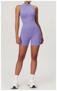 Front zipper detail on lilac high-stretch sleeveless yoga romper for athletic women