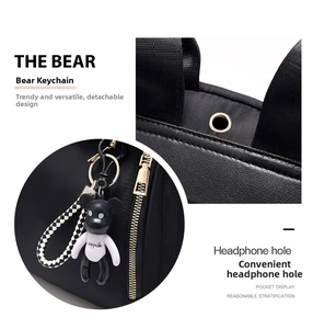 Detail of black oxford backpack showing earphone port and bear charm accessory