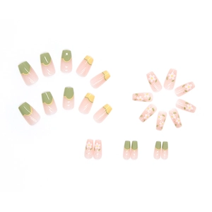 Glossy matcha green and yellow wave press-on nails with white floral pattern 24pcs set