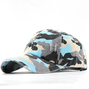 Distressed camo ponytail baseball cap for women with blue and grey vintage patterns