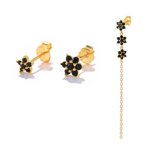 Detail of S925 sterling silver black flower earrings and long tassel earring set