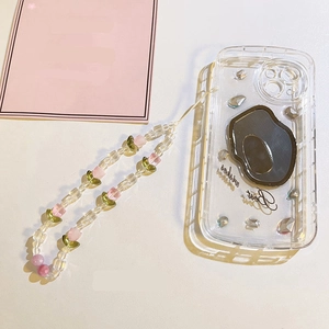 Floral pink tulip beaded phone strap with mirror detail and Best Wishes clear case