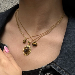 Three-layer 18K gold plated stainless steel necklace with brown tiger eye stone pendants