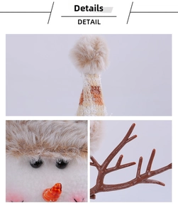 Détails du bonhomme de neige de Noël avec bonnet tricoté, nez carotte et bois en peluche