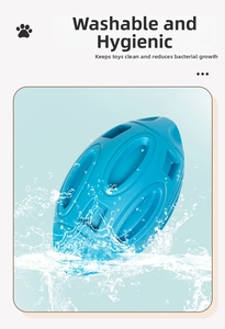 Washable blue rubber football dog toy featuring a squeaky design and easy-to-clean texture
