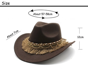 Detailed size specifications for brown felt cowboy hat with ethnic braided band and gold chain