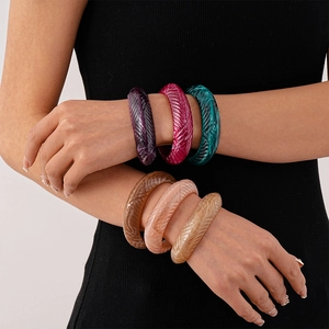 Vintage Acrylic Threaded Open Bangle Bracelet For Women Retro Marble Texture Geometric Minimalist C-Shaped Cuff Jewelry