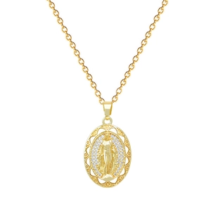 Luxurious gold titanium oval pendant necklace with diamond accents and saint figure