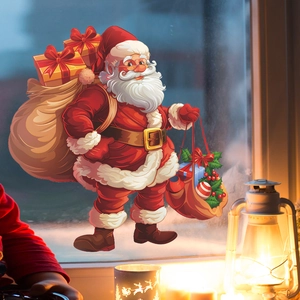 Santa Claus Christmas Window Cling Static PVC Sticker Removable Reusable Holiday Party Home Decor Cartoon Style