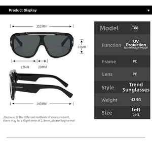 Detailed dimension guide for T-shaped oversized pilot sunglasses with 152mm frame width