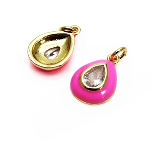 Pink enamel water drop pendant with gold frame and central zircon for jewelry making