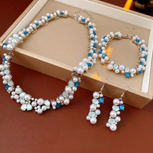 Gioielli Vintage Collana Bracciale Orecchini Lega Perla Artificial Imitazione Strass Pietra Occhio Gatto Sintetica Elegante Da Donna