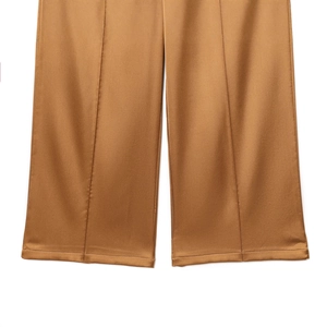 Brown satin wide leg trousers with high-gloss finish and smooth straight cut design