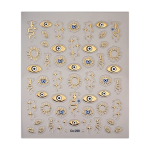 5D embossed nail stickers featuring golden star, angel eye, and snake motifs on light background