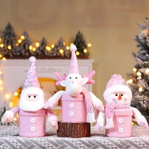 Pink sequin Christmas gift box set with plush Santa Reindeer and Snowman figures
