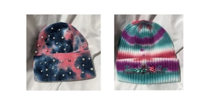Detail of tie-dye knit beanies with decorative pearls and Thick Cap embroidery style