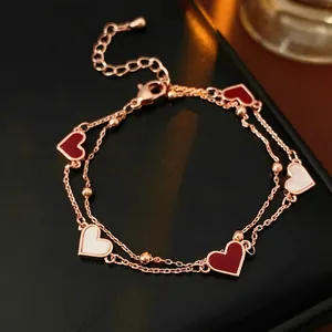 Bracelet À Double Rangée Pendentif Cœur Cuivre Plaqué Or Rose Nacre Émail Style Rétro Français Femmes