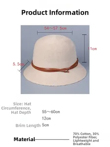 Size guide for breathable knit bucket hat with leather buckle detailing and dimensions
