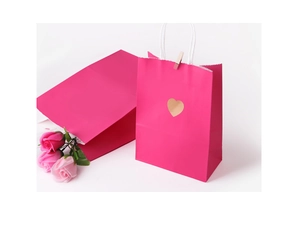 Rose red gift paper bag with gold heart pattern, white handle and wooden sealing clip
