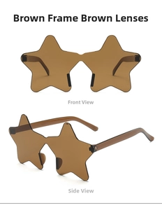 Detail view of rimless tea-colored star-shaped sunglasses for party and fashion wear