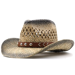 Breathable straw cowboy hat with vintage burnt edges and brown leather studded band