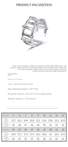 Detailed size chart for 925 sterling silver hollow open ring with inner diameter specs