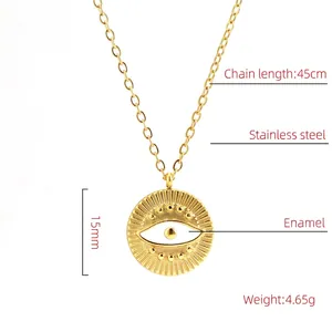 Detail view of 15mm evil eye pendant with enamel on a 45cm stainless steel gold chain