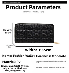 Detailed size and material diagram for quilted long wallet showing dimensions 19.5x10x3cm