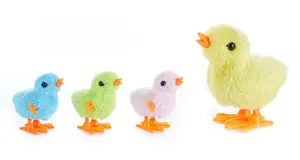 Detailed view of plush clockwork jumping chickens in four colors with orange plastic feet