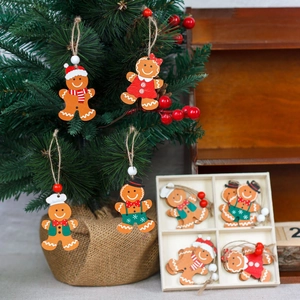 Christmas wooden gingerbread man ornaments set hanging on tree in gift box decoration