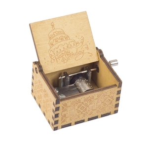 Vintage wooden hand-crank music box with Happy Birthday engraving and metal movement