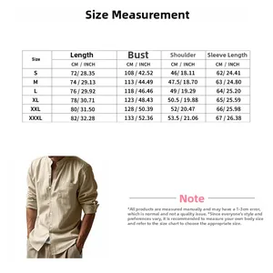Detailed size chart for men's linen shirt with measurements in centimeters and inches