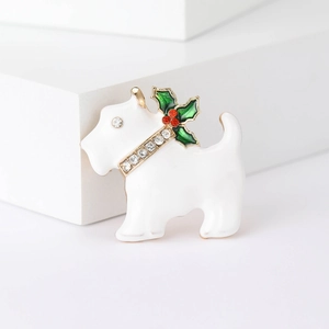 Cute enamel Scottish Terrier puppy brooch with green holly leaves and red berries on white cubes