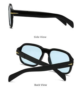 Detail view showing black square frame sunglasses with blue lenses and gold arrow hinges