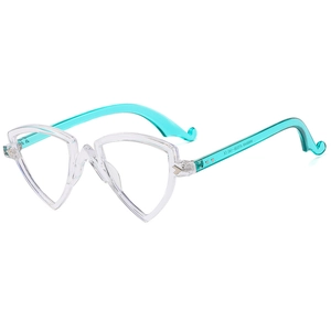 Lunettes tendance à monture transparente triangulaire et branches bleues ondulées