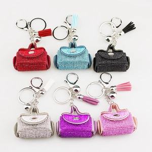 Fashionable mini handbag keychains with sparkling rhinestones and tassels in six colors