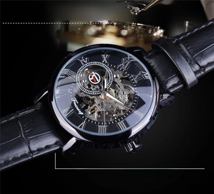 Macro shot of mechanical skeleton watch dial with stylish black high quality PU leather strap