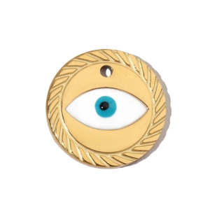 Macro view of a gold-plated stainless steel circular pendant with a blue evil eye design