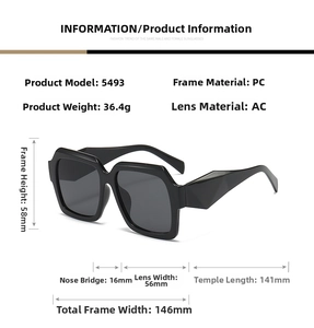 Detailed size specifications for square frame sunglasses with PC frame and AC lenses