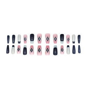 Glossy checkered press-on nails with black French tips and pink gradient patterns