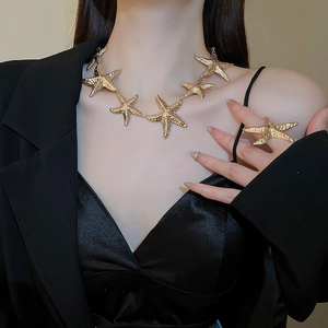 Detail einer Halskette und eines Ringsets aus Gold mit Seestern-Struktur am Model