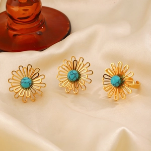 Gioielli Orecchini E Anello Girasole Cavo Vintage Per Donna Acciaio Inossidabile Turchese Accessorio Moda