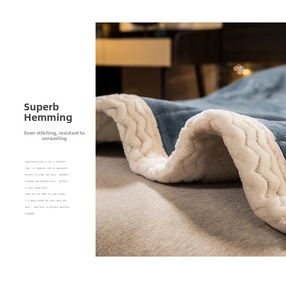Detail of double-sided quilted blanket showing superb edge stitching and lamb fleece texture