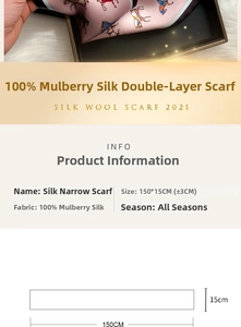 Detail of pink mulberry silk narrow scarf with equestrian print and 150x15cm size info