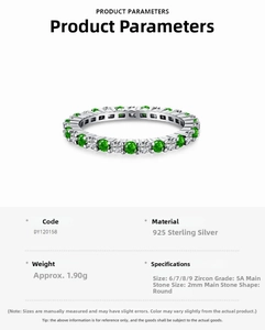 Detail view of S925 sterling silver eternity band featuring green and white 5A cubic zirconia